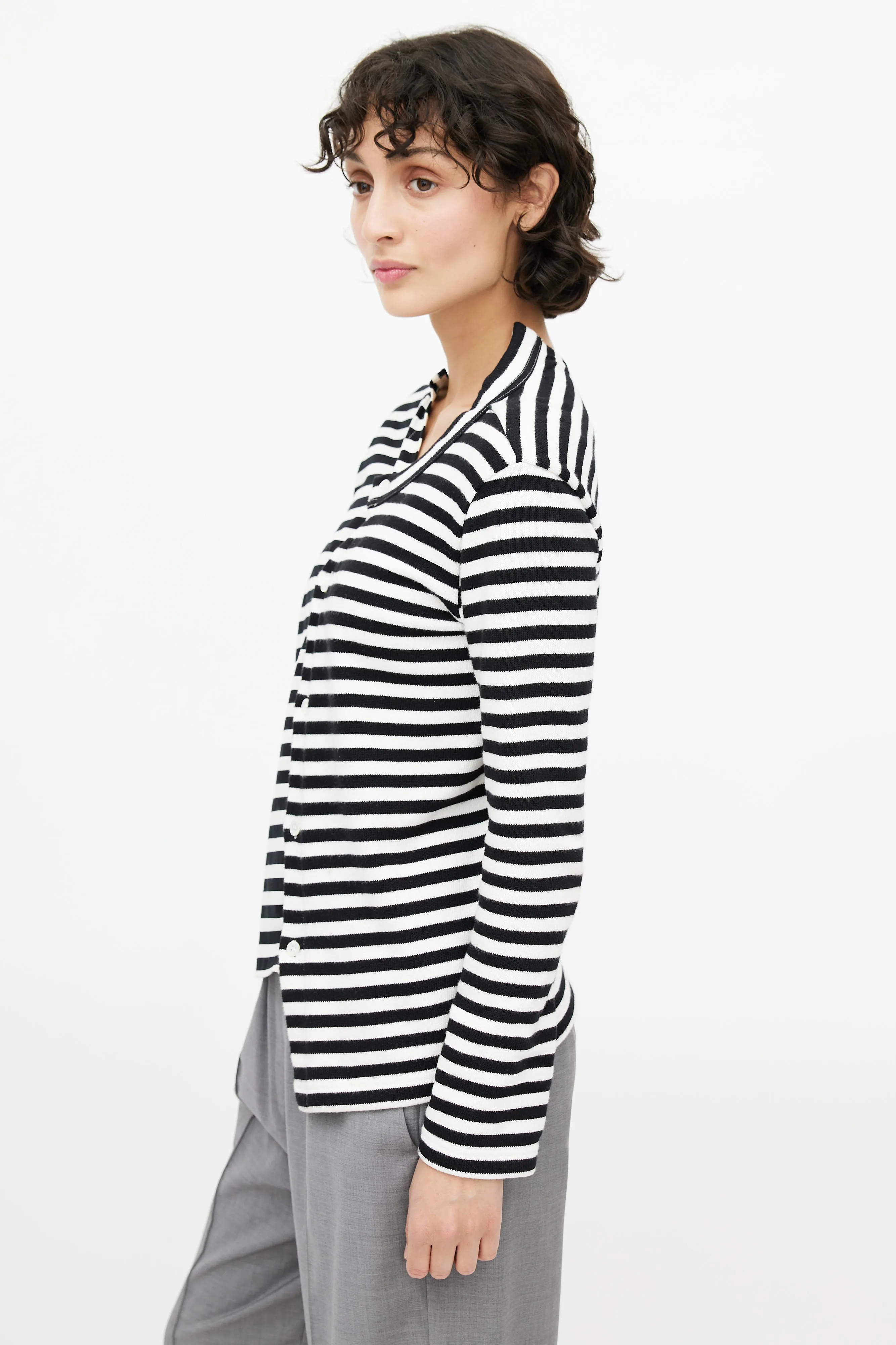 Black & White Striped Knit Asymmetrical Cardigan