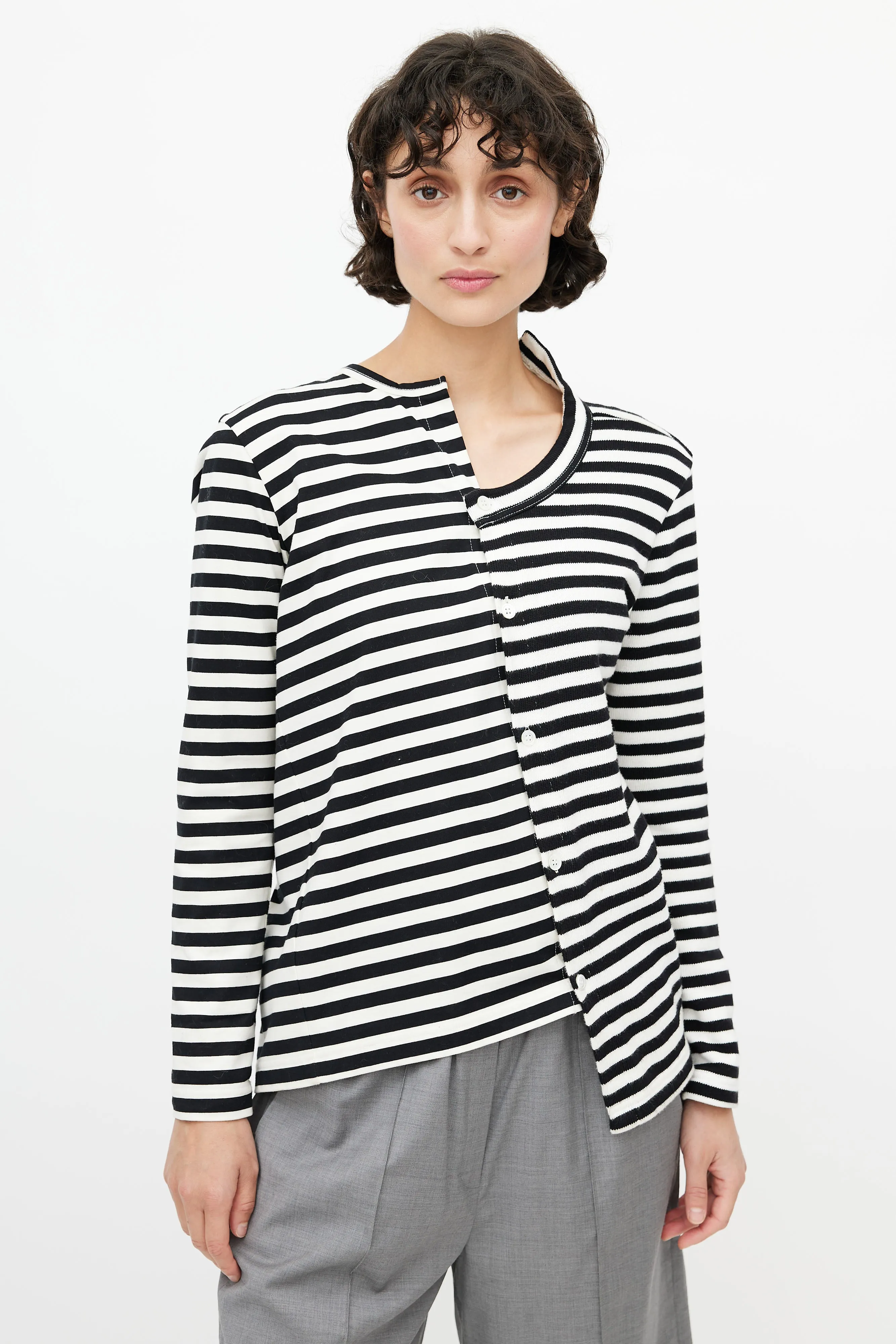 Black & White Striped Knit Asymmetrical Cardigan