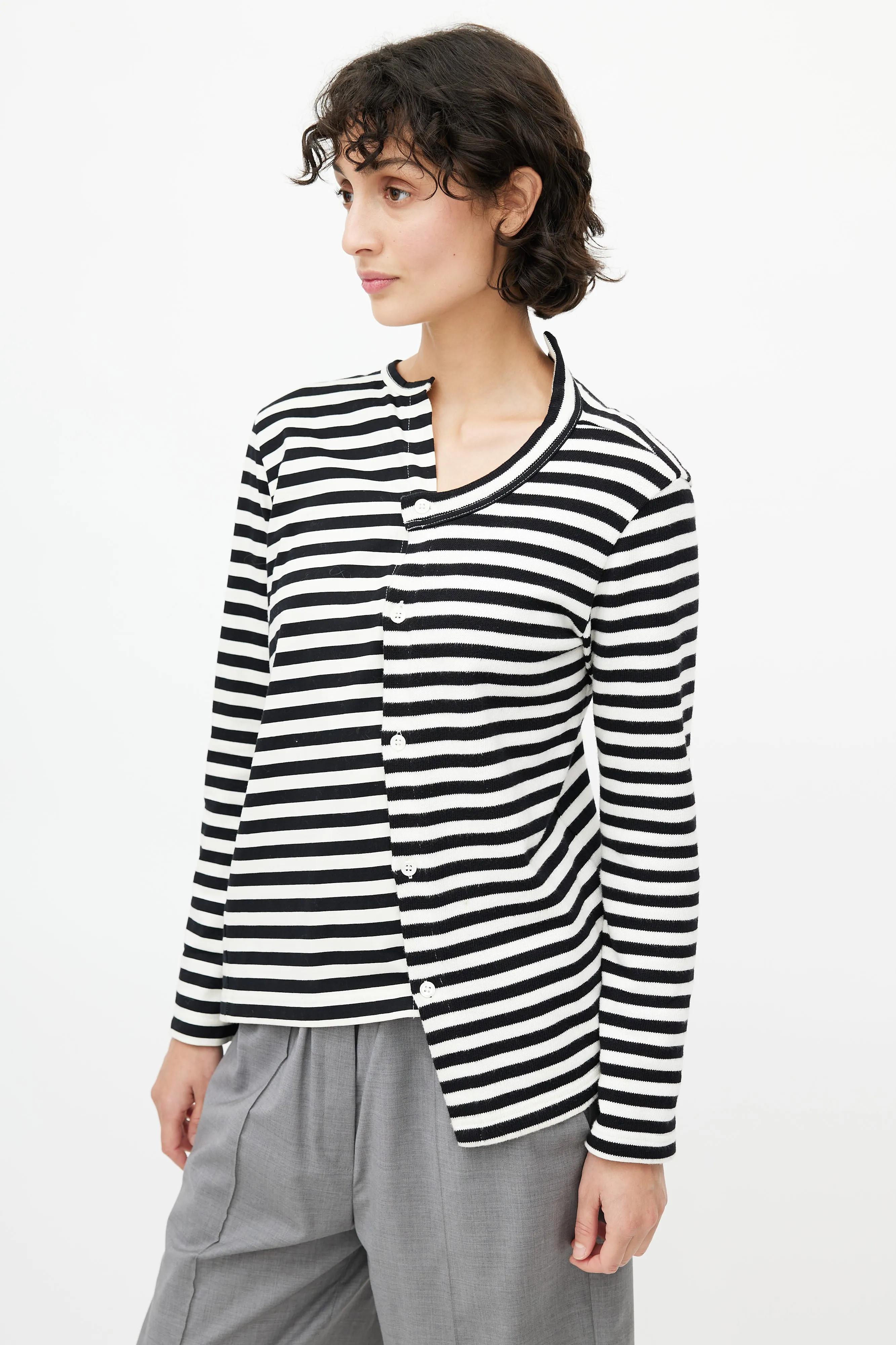 Black & White Striped Knit Asymmetrical Cardigan