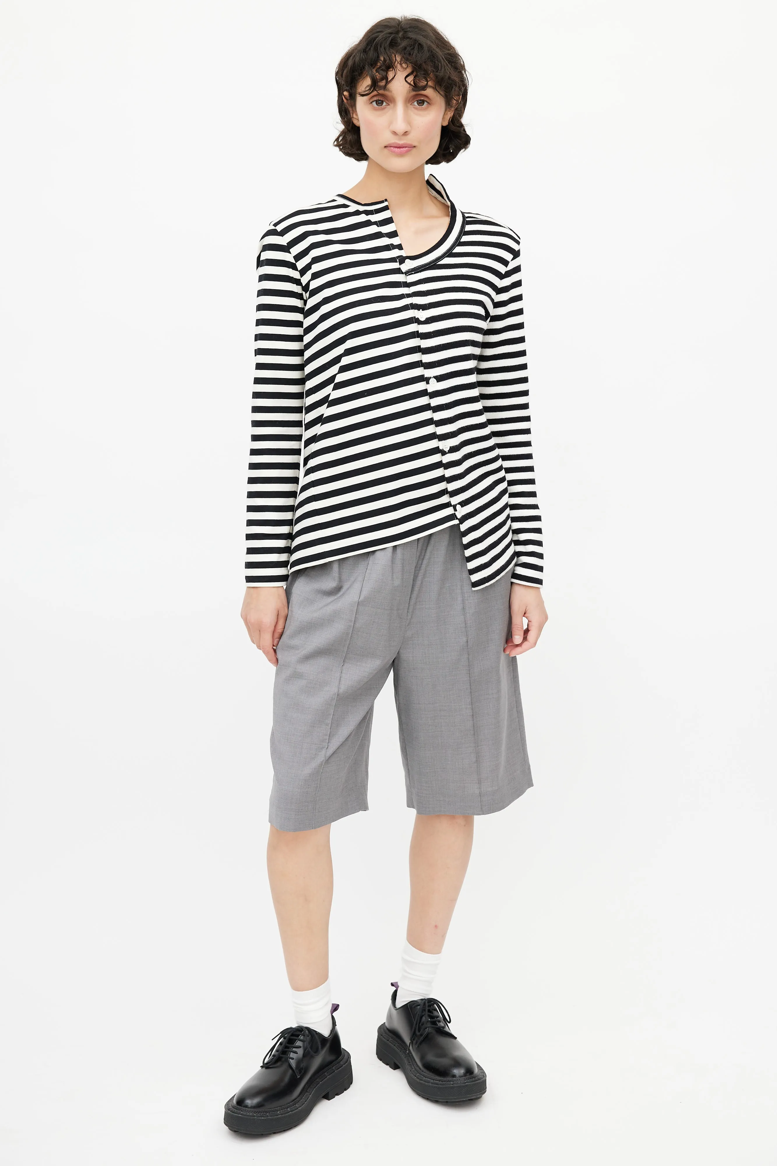 Black & White Striped Knit Asymmetrical Cardigan