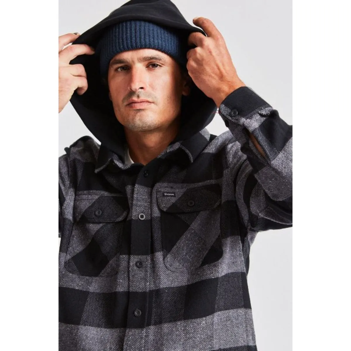 BOWERY HOOD L/S FLANNEL - BLACK/HEATHER GREY