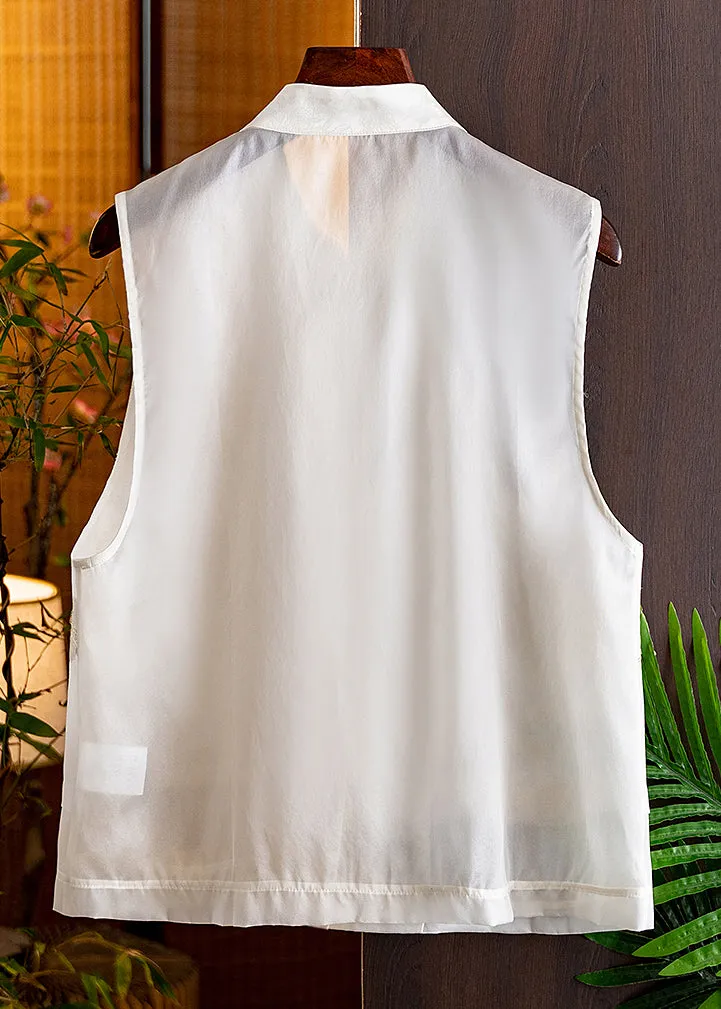 Handmade Black Stand Collar Embroideried Button Silk Cardigans Sleeveless LY9779