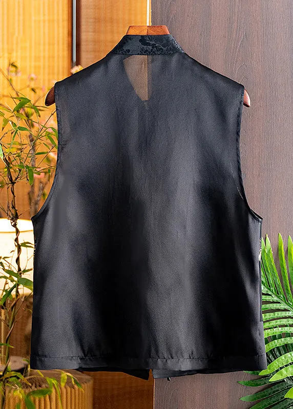 Handmade Black Stand Collar Embroideried Button Silk Cardigans Sleeveless LY9779