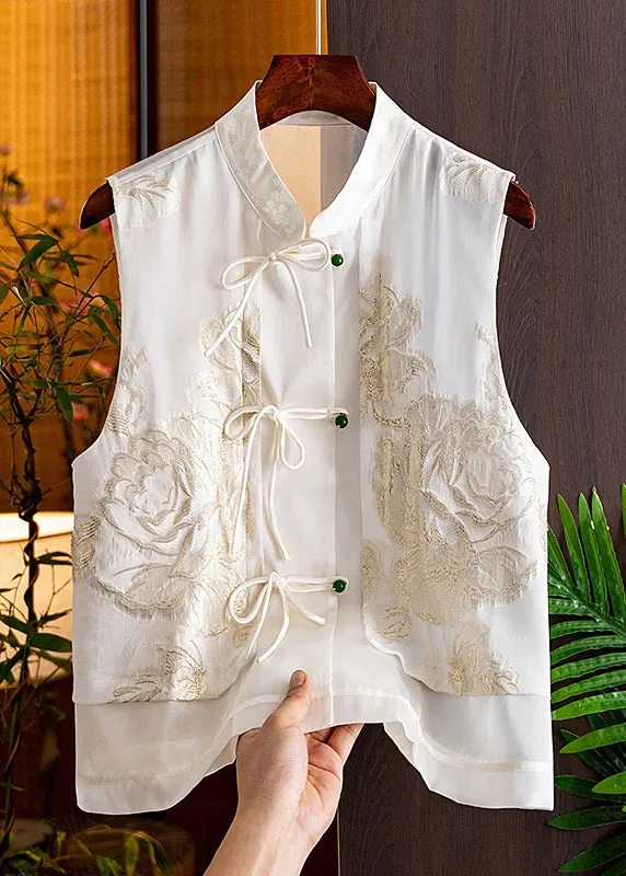 Handmade Black Stand Collar Embroideried Button Silk Cardigans Sleeveless LY9779