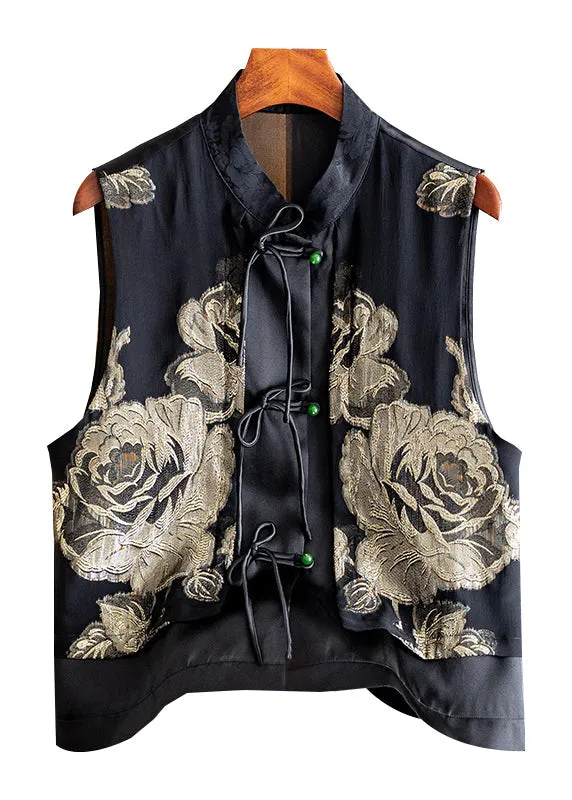 Handmade Black Stand Collar Embroideried Button Silk Cardigans Sleeveless LY9779