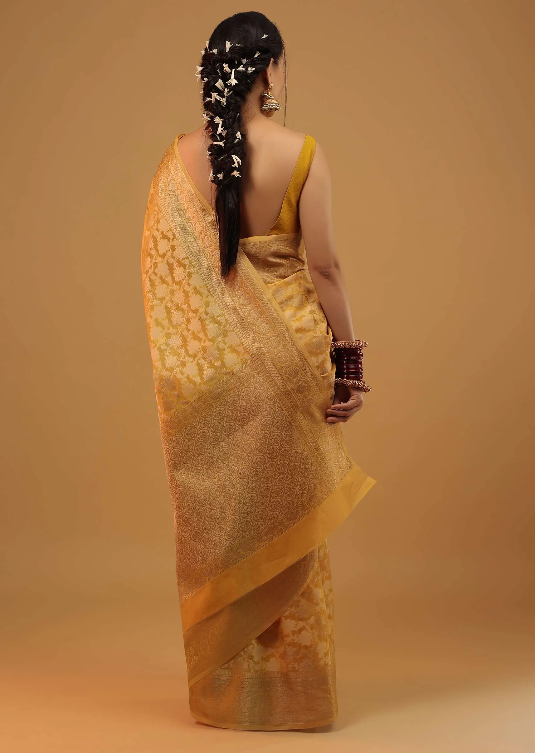 Mustard Yellow Saree In Cotton With Floral Patterns In Banarasi Chanderi