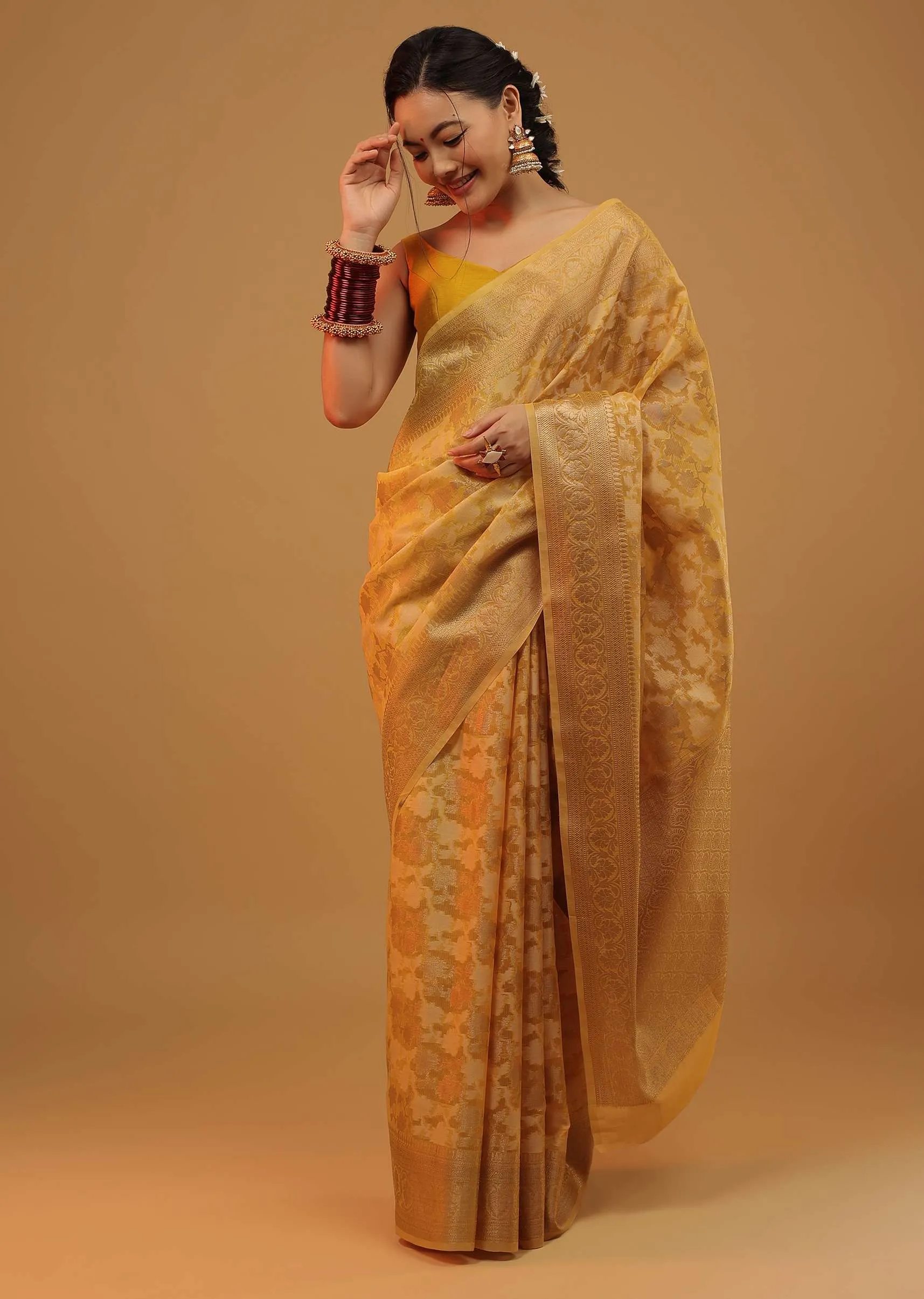 Mustard Yellow Saree In Cotton With Floral Patterns In Banarasi Chanderi