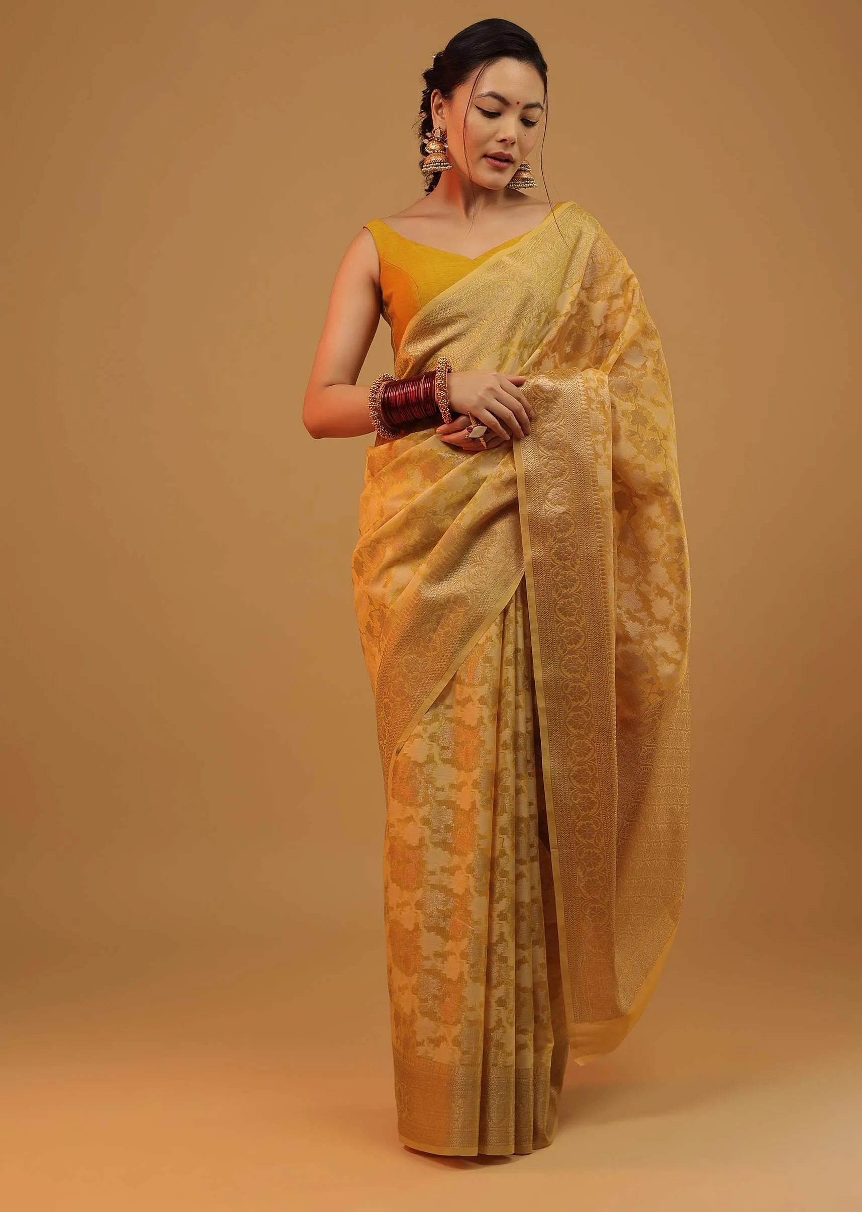 Mustard Yellow Saree In Cotton With Floral Patterns In Banarasi Chanderi
