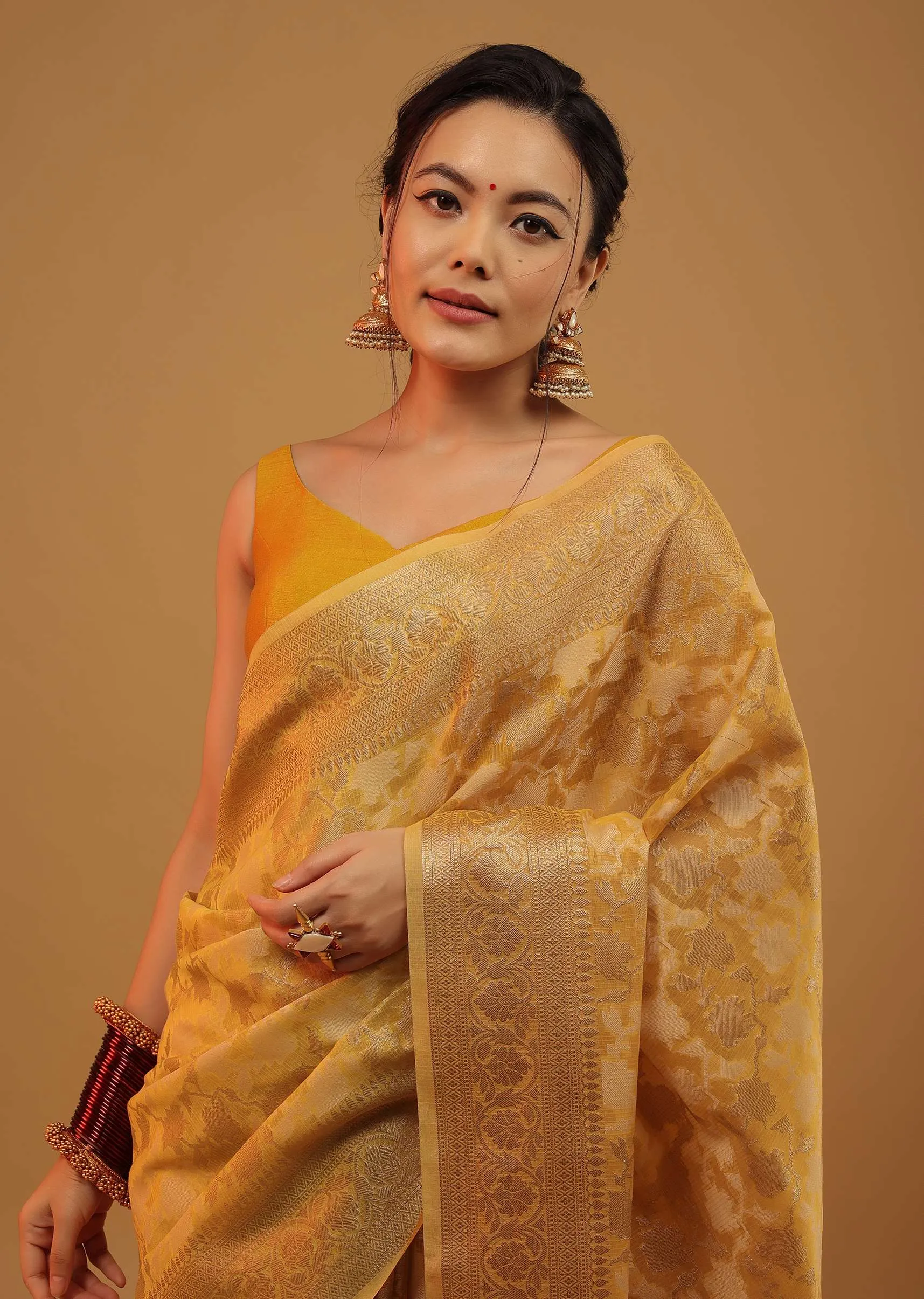 Mustard Yellow Saree In Cotton With Floral Patterns In Banarasi Chanderi