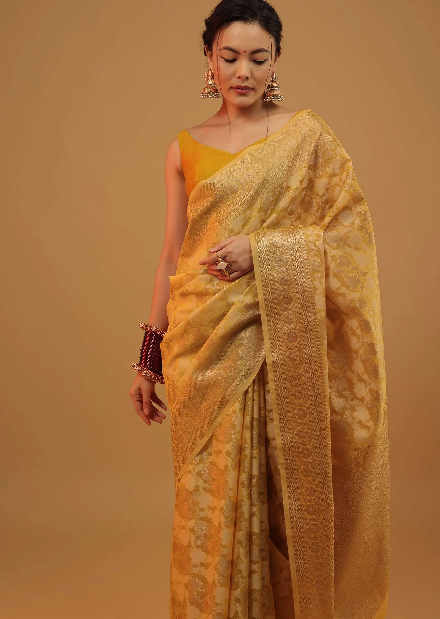 Mustard Yellow Saree In Cotton With Floral Patterns In Banarasi Chanderi
