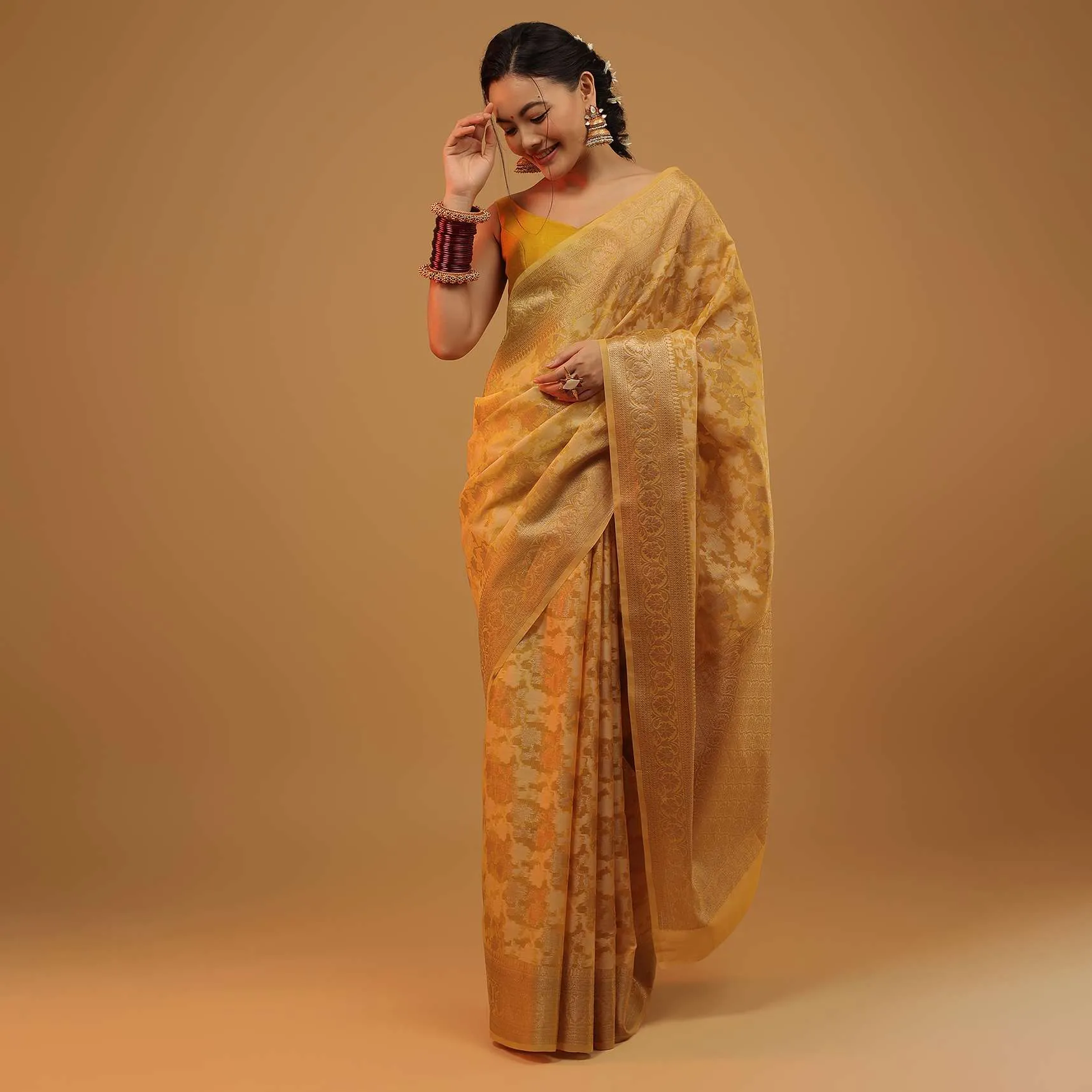 Mustard Yellow Saree In Cotton With Floral Patterns In Banarasi Chanderi